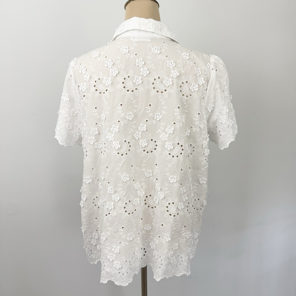 SUSAN GRAVER Pure Eyelet Applique 3D Button Front SHIRT Top 1X White Lace - Picture 11 of 14